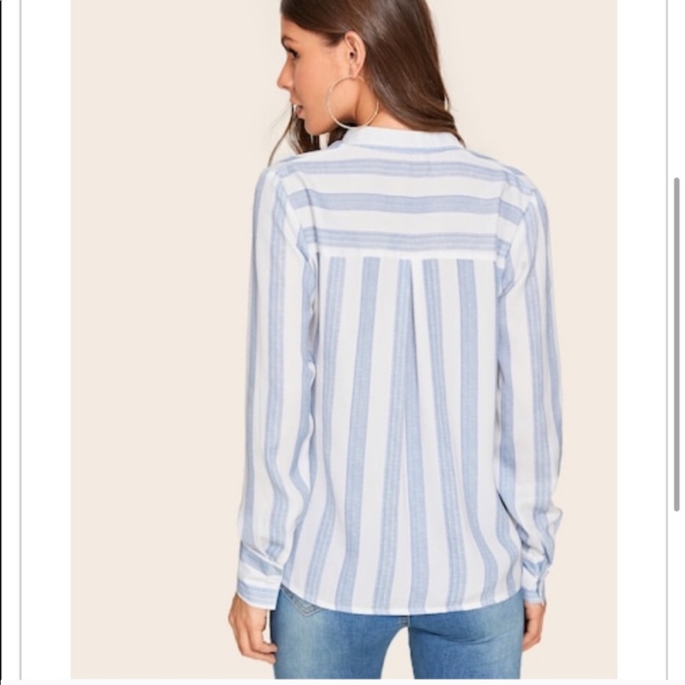 BLUE WHITE Notched Neck Stripe Blouse - Top - Picture 4 of 5